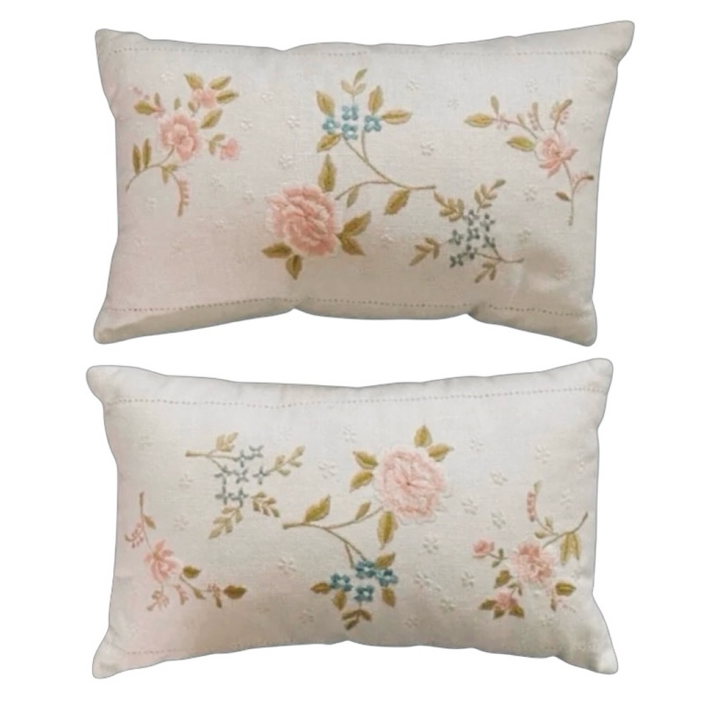 KOKO Luxury Embroidered Silk Decorative Pillow 14”x 9” (lot of 2) Ivory Floral